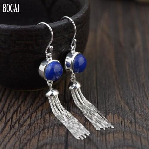 BOCAI real S925 pure silver fashion long tassel female earrings simple art egg face lapis lazuli woman earrings