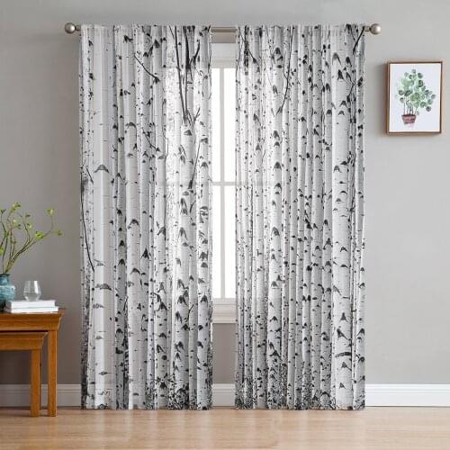 Birch Tree Black And White Gauze Curtains For Childrens Bedroom Kitchen Screen For Living Room Holiday Decor Voile Curtain