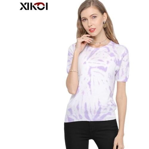 XIKOI Summer Women T-shirt Jumper Short Sleeve Knitted Oversized Pullover Sweater O-neck Hollow Out Design Ventilation Purple