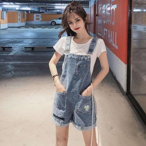Denim Suspenders Shorts 2021 Womens Summer New Style Small Daisy Embroidery Loose Wide-leg All-match Jumpsuit Women