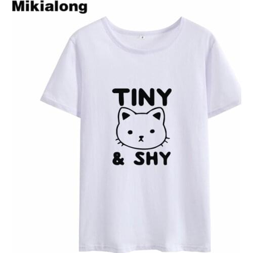 Mikialong Cartoon Cat Printed Tshirt Women Summer 2018 Tiny Shy Kawaii Funny T Shirts Women Black White Cotton Camisetas Mujer