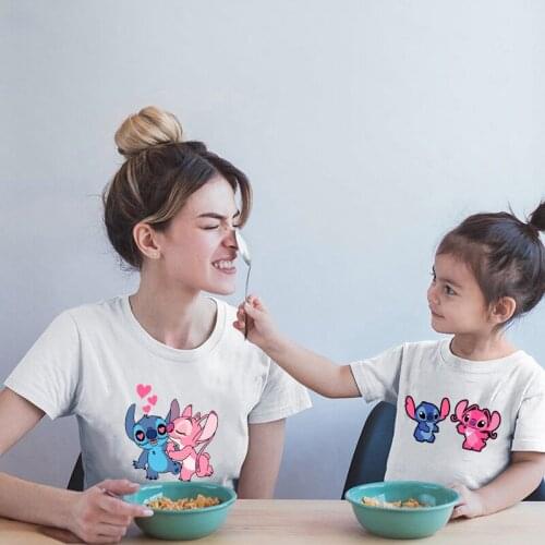 Fashion Family Matching Outfits Disney Lilo Stitch Cartoon Mother Baby T-shirt Tops Summer Short Sleeve O-neck Casual Streetwear