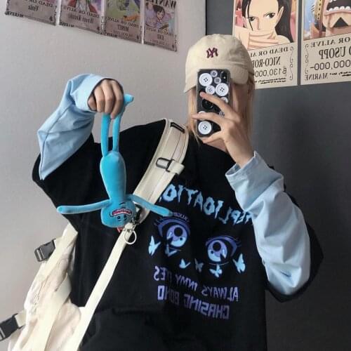 Tshirts Autumn Color Matching Hand Sleeve Print Long Sleeve T-Shirt Female Hip Hop Oversize Loose kawaii Harajuku O-Neck Tee Top