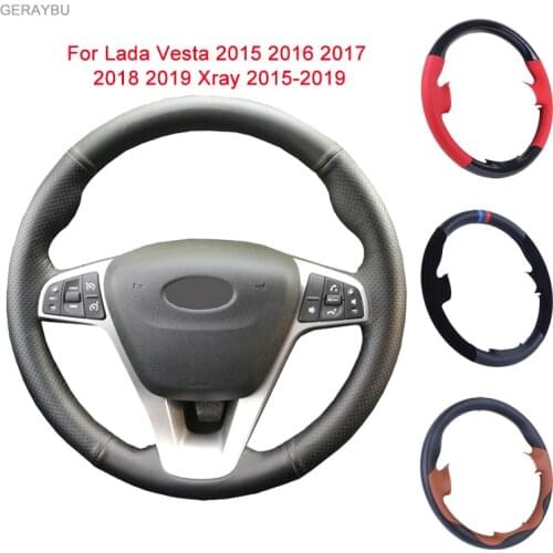 GERAYBU Custom DIY Black Leather Hand-sewn Car Steering Wheel Cover For Lada Vesta 2015 2016 2017 2018 2019 Xray 2015-2019