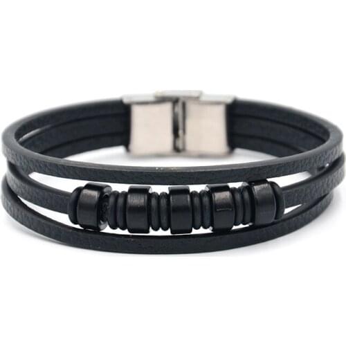 JUNWEI Mens Stainless Steel Leather Bracelet Alloy Beads Multi-Layer Leather Bracelet Punk Style Jewelry