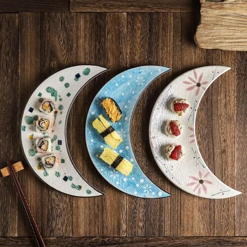 Ceramic Japanese sushi plate moon dish daily tableware household art single snack fruit plate