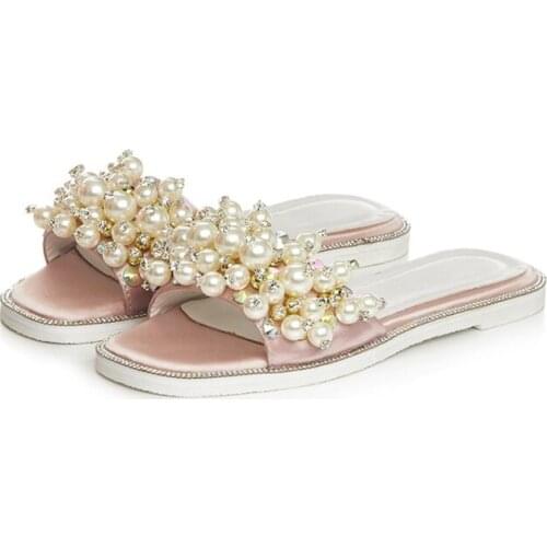 Kmeioo fashion pearl slides summer elegant outside shoes flat dress shoes women casual slippers string bead slides