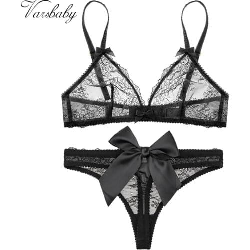 Varsbaby transparent deep V bra bow thong wire free unlined bra set