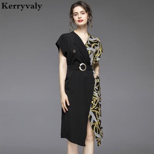 Summer Acetate Satin Stitching Vintage Printed Irregular Dress Ropa Mujer Verano 2021 V-neck Ladies Dresses (Belt Attached K6948