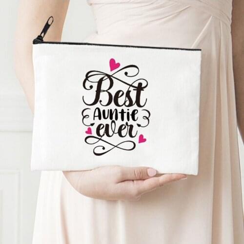 Best Auntie Makeup Bag Casual Heart Love Cosmetic Pouch Canvas Reusable Lipstick Bag Vintage Travel Toiletry Bags Storage Purse