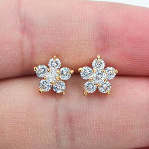 Fashion Women Gold Color AAA+ Cubic Zirconia Clear CZ Cute Flower Stud Earrings Jewelry