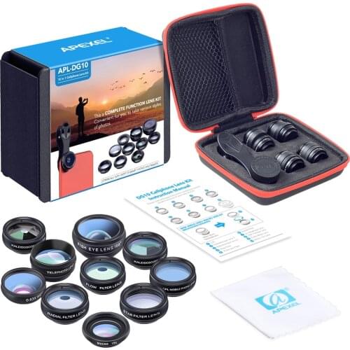 APEXEL 1 Set Lens Universal 10 in 1 Phone Camera Lens Kit Fish Eye Wide Angle Macro Lens CPL Filter for Smartphone
