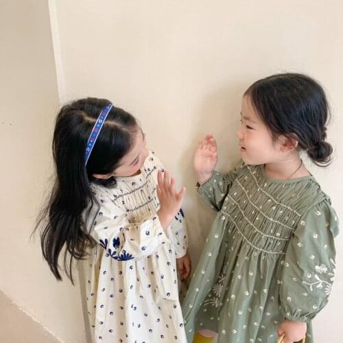 2021 Autumn New Girls Dresses Korean Floral Embroidery Long Sleeve Kids Dress