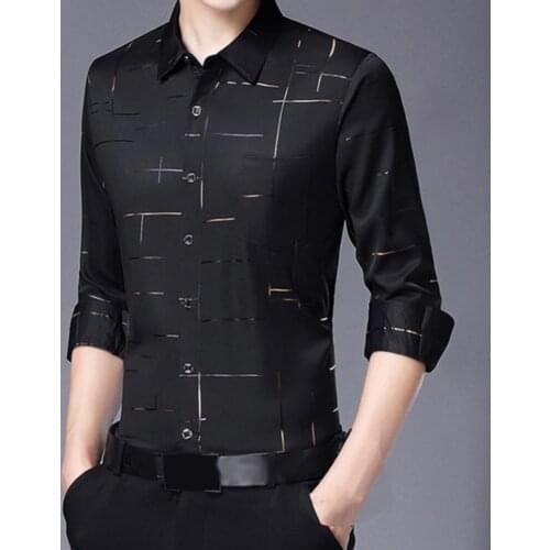 Fashion Men Dress Shirt Irregular Stripes Satin Surface Casual Single-breasted Turndown Collar Long Sleeve Shirt for Business