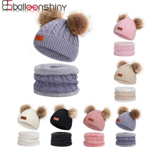 2PCS Hat Scarf Set Beanie Winter Cap Childrens Hats Boys Girls Scarf Ball Pompon Keep Warm Winter Knitted Soft Hats Outdoor