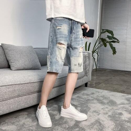 Summer New Ripped Short Jeans Men Loose Straight Shorts Fashion Trend Male Hole Denim Shorts pantalones cortos de hombre