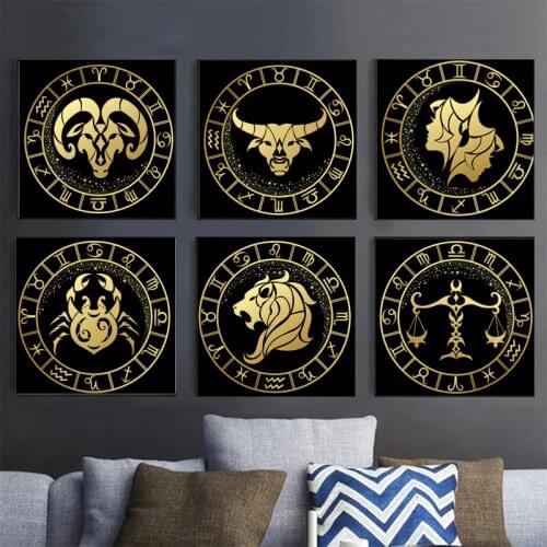 Modern Black Gloden Zodiac Canvas Painting Constellations Poster Prints Wall Art 12 Signs Pictures for Liviing Room Home Decor