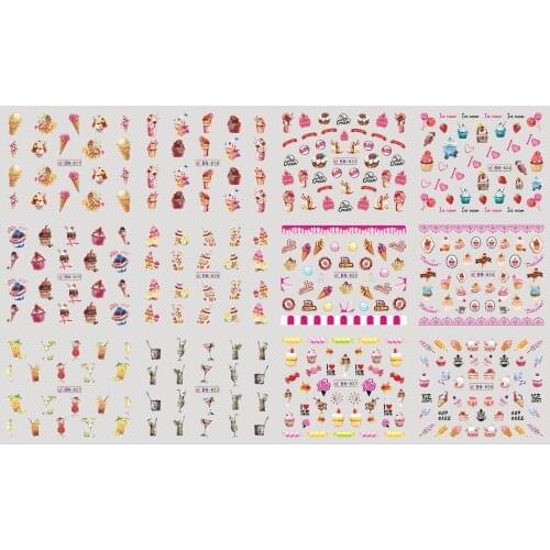 UPRETTEGO 12 PACKS / LOT NAIL ART BEAUTY WATER DECAL SLIDER NAIL STICKER CARTOON CAKE DESSERT SOFT DRINK ICE CREAM BN817-828