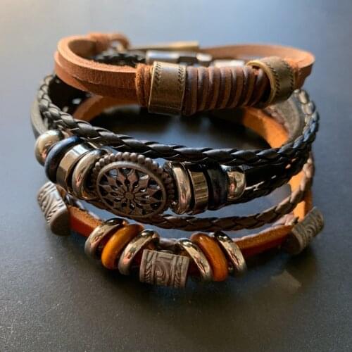 Vintage Men Cuff Bracelet Knotted Multi-layer Leather Link Bracelets Boys Holiday Gift Dropship 1pc
