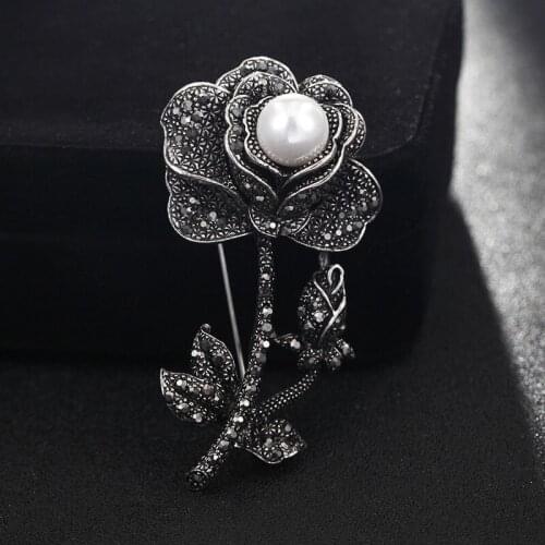 Vintage Gray Rhinestone Flower Pins Brooch womens jewelry Shiny Noble Austrian Crystal Broches Imitation Pearl Brooch pins