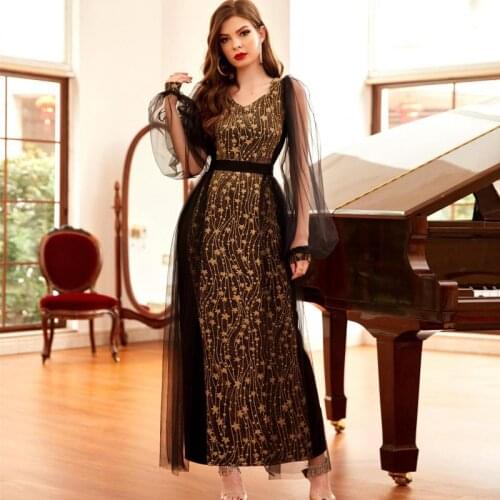 High Elastic Gold Woven Jacquard Knitted Mesh Sleeves Design Sense Dress Long Dress Party Light Luxury Temperament Womens Dress