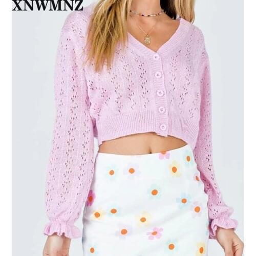 XNWMNZ za women Fashion Spring Autumn Hollow Out Sweater Cardigan Ladies Sweet Pink V Neck Sweaters Women Casual Knit Sweater