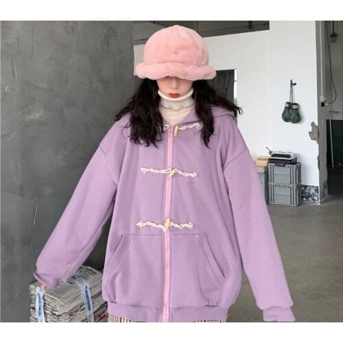 2020 Autumn Winter Fashion Streetwear Horn Buttons Hooded Oversize Fleece Sweatshirt Women Hoodies Pullover
