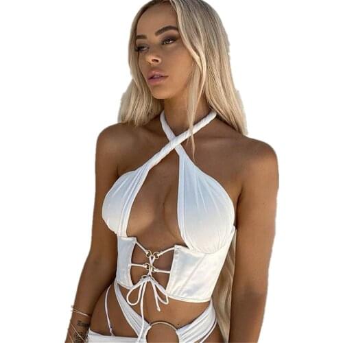 Womens Summer Pleated Hollow Out Camisole High Quality Street Pure Lace Up Crop Tops Sexy Club Simple Dustier Top New
