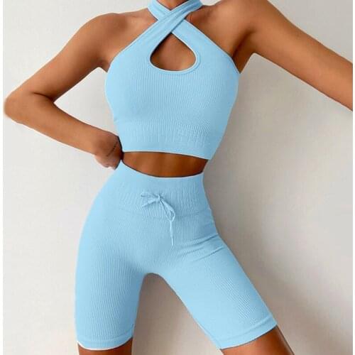 Women Sexy Yoga Sets 2Pcs Bubble Butt Shorts+Cross Top Seamless Gym Clothing Girl Sportswear Quick Dry Fitness Sets Running Suit