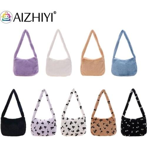 Girl Purse Handbags Fashion Women Plush Cherry Pattern Printing Shoulder Underarm Bag Autumn Winter Ladies Small Purse Handbags
