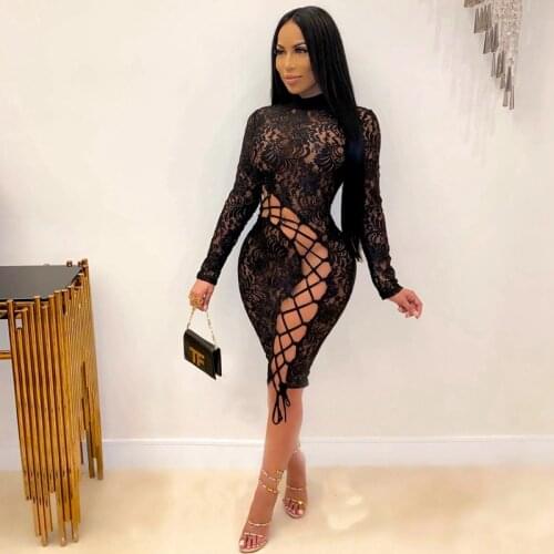 Women Black Lace Stiching Patchwork Long Sleeve Dress Autumn Lace Up Hollow Out Mini Dress Sexy Fitness Nightclub Party Wear