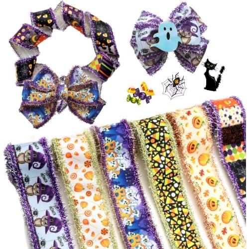 2Y Halloween Skull Grosgrain Ribbon With Tinsel Making For Gift Wrapping Festival Home Decor DIY Sew Bows Handmade Accessory