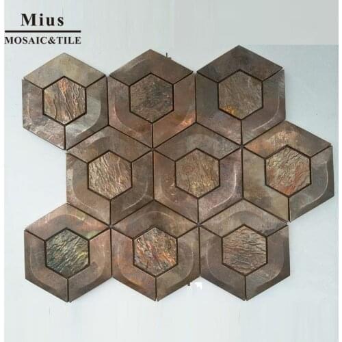 3D hexagonal brown copper mosaic metal tile