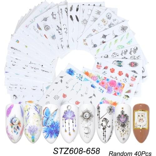 40 Sheets/set Mixed Nail Art Sticker Black Lace Gold Silver Flower Water Decal Manicure Decorations for Nails Summer Sliders