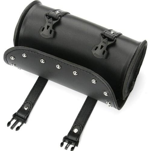 Black Pannier Saddle Bags Tools for Fork Handlebar Sissy Bar PU Leather Motorcycle Tool Bag with Snap Buckles