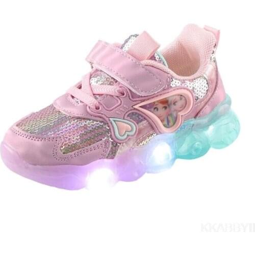 Disney Frozen Elsa Kids Shoes For baby girls Light Children Luminous baby Sneakers mesh sport Girls Led Light Shoes