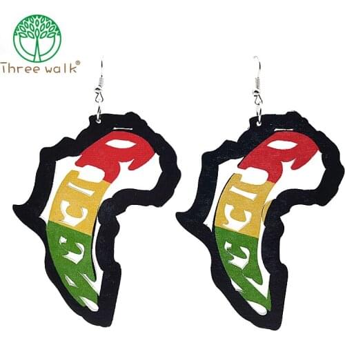 E317 Wood Colorful Printing Africa Map Hollow Out Drop Earring Handmade Wooden African Hiphop Ethnic 7cm Jewelry
