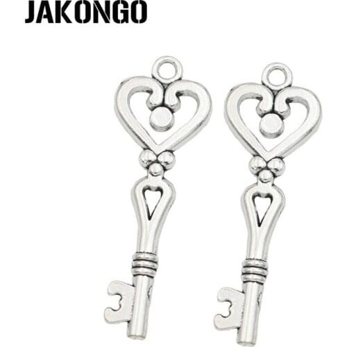 JAKONGO Antique Silver Plated Heart Key Charms Pendant for Jewelry Making Bracelet Accessories DIY Handmade 42x14mm 8PCS/lot