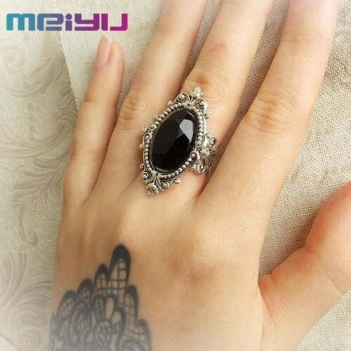 Quality Bohemian Black Ring Victorian Baroque Big Oval Black Crystal Cocktail Ring For Women Party Wedding Vintage Jewelry