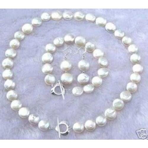 NEW 9-10MM White Coin Pearl Necklace Bracelet Earring Set 18" 7.5" AAAHT