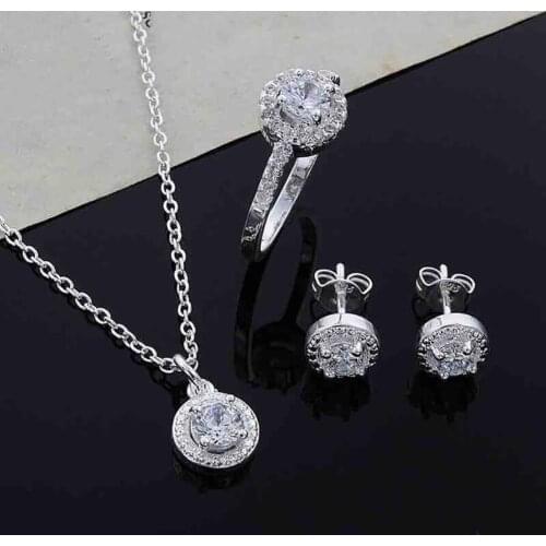 2020 jewellery set Women Round Zircon Ear Studs Open Ring Necklace Fashion Party Jewelry Charm Set бижутерия для женщин