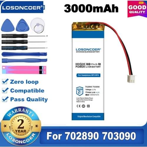 LOSONCOER High Capacity Battery 3000mah plug 1.5-2P 3.7V 702890 703090 lithium polymer li-ion rechargeable battery lipo battery
