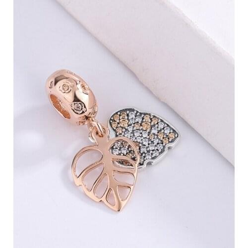 Fashion 925 Sterling Silver Rose Gold Glittering Leaf Pendant Charm Bracelet For Pandora Ladies Bracelet Necklace Original