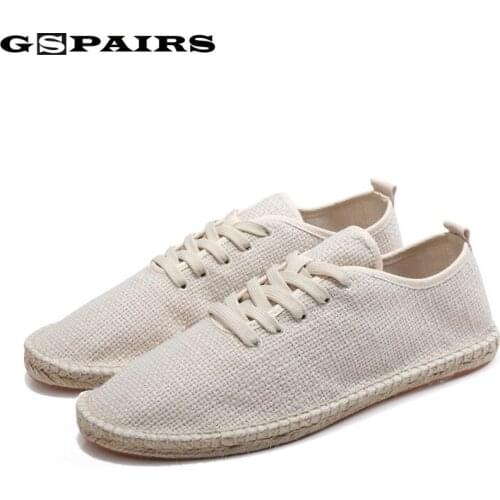Men Canvas Shoes Breathable Mens Loafers Lace-up Solid Black White Hemp Wrap Mens Shoes Espadrilles Fisherman