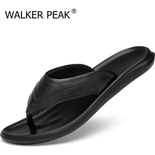 2021 New Men Sandals Genuine Leather Beach Summer Flats Male Slippers Lightweight Non-slip Man Sandals Flip Flops Brwon Comfort