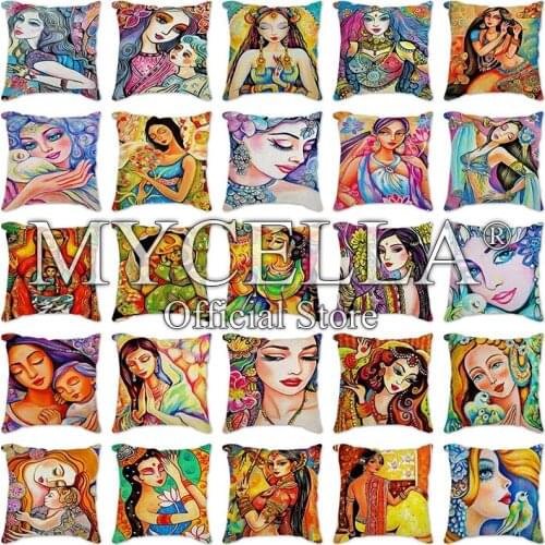 Cartoon Woman Oil Painting Printed 45*45cm Cushion Cover Linen Throw Pillow Car Home Decor Decorative Pillowcase for Sofa Party