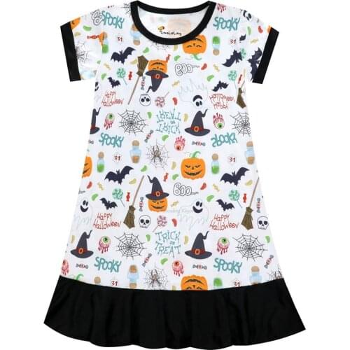Summer Girls Halloween Pumpkin Night Dress Kids Pajamas Witch Hat Magic Broom Print Dress Kids Ocean Beauty Dresses For Girls
