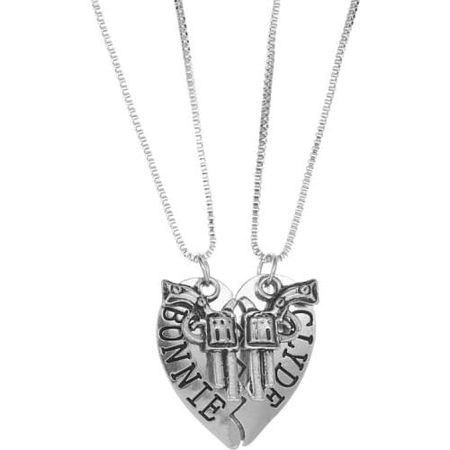 Movie Style Letter BONNTE CLYDE Gun Heart with Crack Couple Lovers Silver Plated Gold Necklaces for Women Men