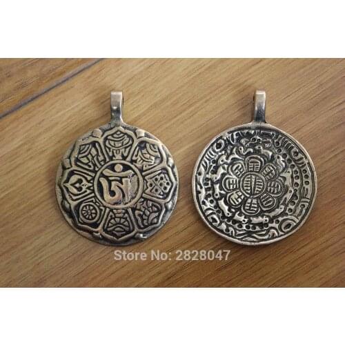 PN868 Ethnic Tibetan Jewelry Brass Buddhist 8 Auspicious Signs Pendant Handmade 43mm Round Double Side Amulet Pendant
