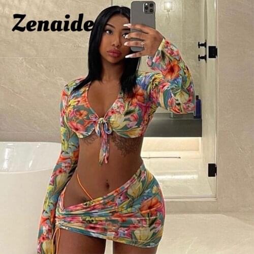 Zenaide See Through Beach Skirts Sets Summer Floral Print Sexy Outfits Festival Clothing Boho Party Club 3 Piece Women Set